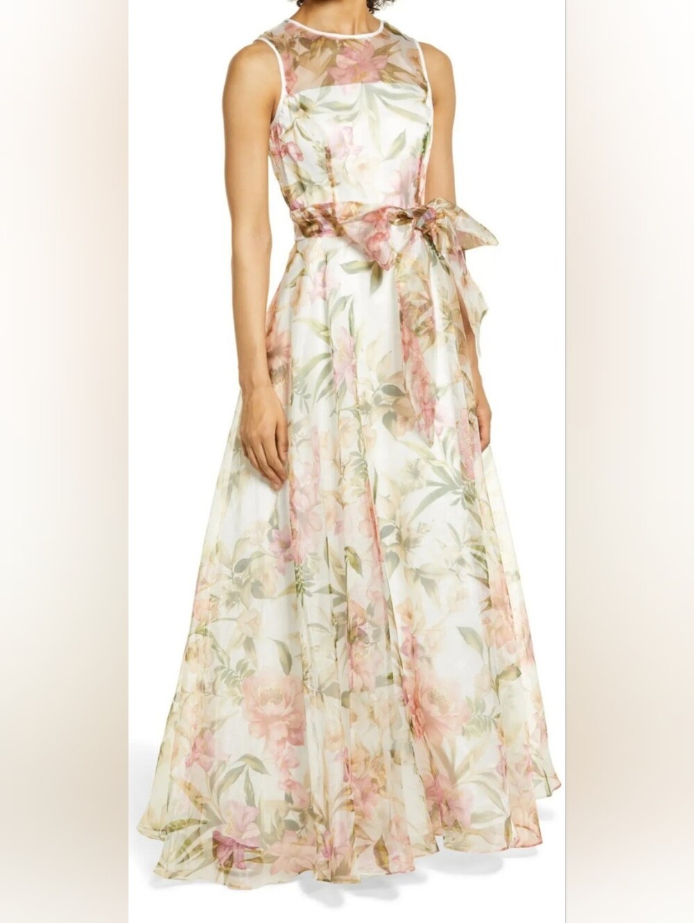 NWT Eliza J Floral Illusion Neck Ballgown Organza Maxi Dress Sleeveless Zip 10